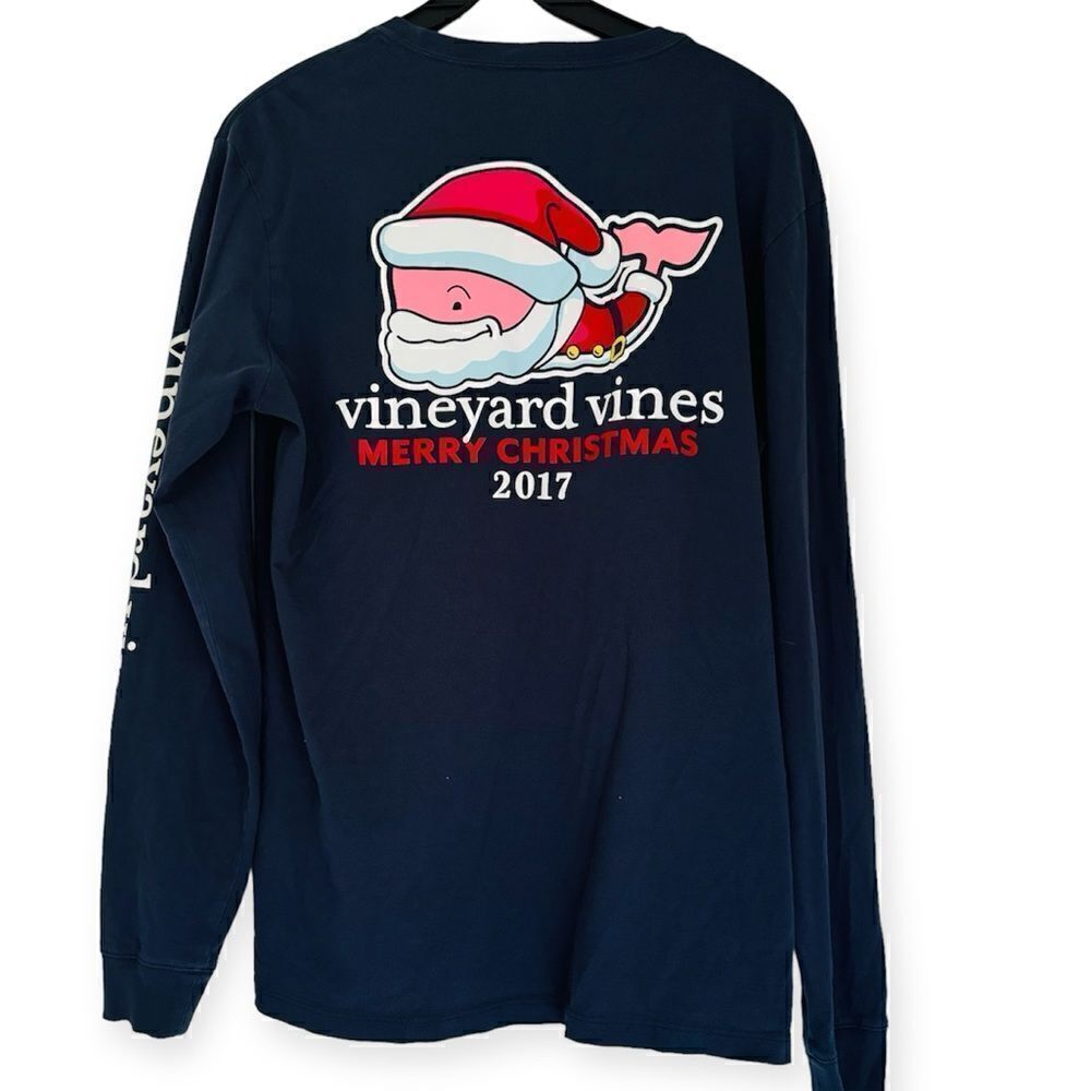 Vineyard Vines Long Sleeve Blue Santa Merry Christmas 2017 Shirt Size Small
